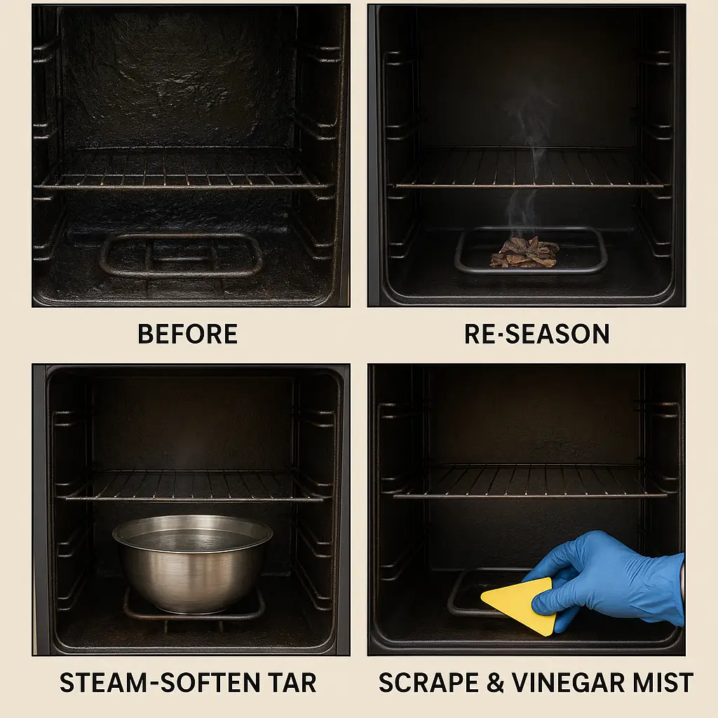 Photorealistic step-by-step image showing how to deep clean a smoker